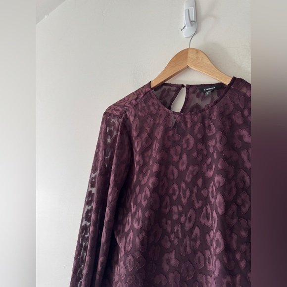 Express Purple Leopard Print Long Sleeve Sheer Blouse Built In Tank Top - Picture 2 of 5